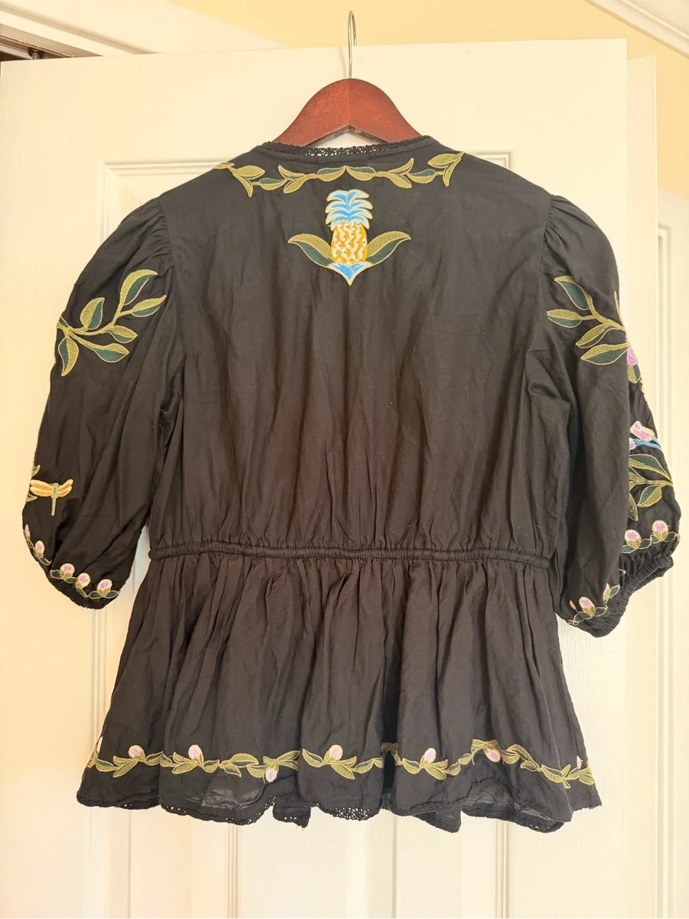 Farm Rio Black Embroidered Floral Peasant Blouse
